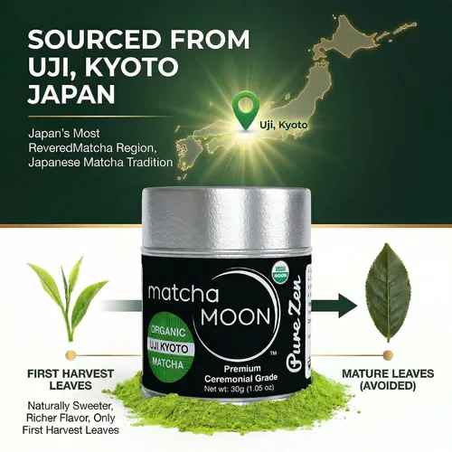 Vista 3 de Matcha Moon Pure Zen Ceremonial Grade Matcha Powder Té verde japonés tradicional orgánico orgánico USDA Primera cosecha Uji Kyoto Proveniente