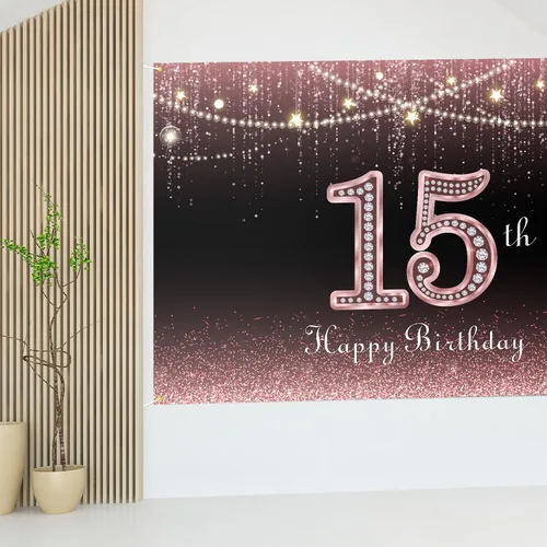 Vista 7 de HAMIGAR Fondo de pancarta de feliz cumpleaños número 15 de 6 x 4 pies, decoraciones de cumpleaños de 15 años, suministros de fiesta para mujeres