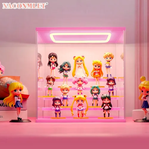 Vista 9 de Vitrina de acrílico transparente para figura de acción Pop Mart, vitrina Funko Pop a prueba de polvo con iluminación, múltiples capas para Rosa