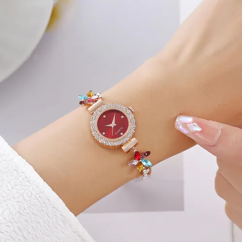 Vista 2 de ADSBIAOYE Reloj de pulsera floral simple de moda para mujer, reloj de lujo ligero de cuarzo con diamantes