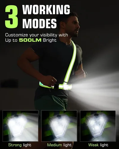 Vista 3 de Zacro Chaleco reflectante para correr con 9 modos RGB, luz de pecho de alta visibilidad de 500LM para corredores, equipo de correr recargable