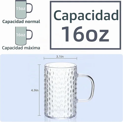 Vista 2 de Juego de 4 tazas de café transparentes irrompibles con asa, plástico reutilizable de 16 onzas, aptas para lavavajillas