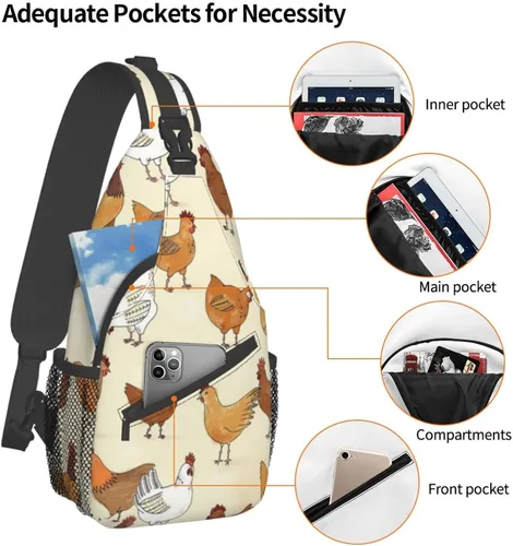 Vista 4 de Bolso cruzado del pecho de la historieta animal impreso Crossbody durable Sling Mochila Casual bolsa de viaje para unisex, Patrón de pollo.