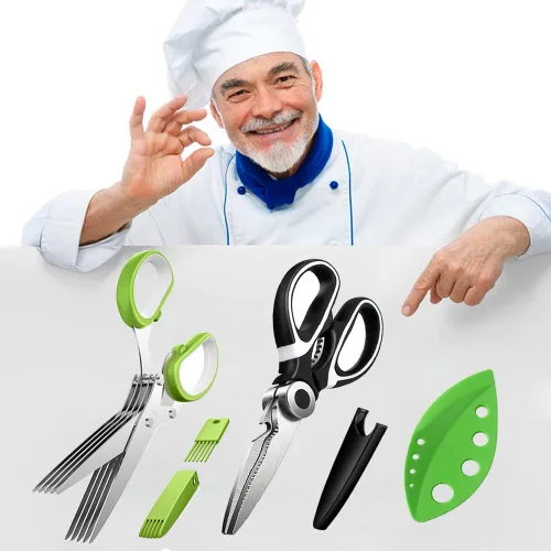 Vista 6 de Juego de 3 herramientas para pelar hierbas con tijeras de acero inoxidable de 5 cuchillas, tijeras de carne resistentes, herramienta de pelado