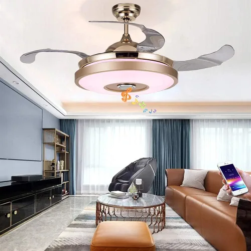 Vista 9 de Fandian Ventiladores de techo inteligentes modernos de 36 pulgadas con luz, candelabros con altavoz Bluetooth, 7 colores retráctiles con control