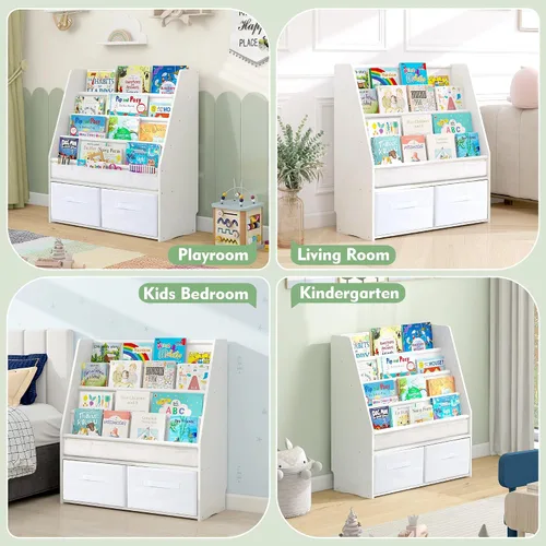 Vista 2 de MallBest Estantería infantil de madera maciza con contenedores de almacenamiento, estante frontal inspirado en Montessori para niños de 1 a 5 años