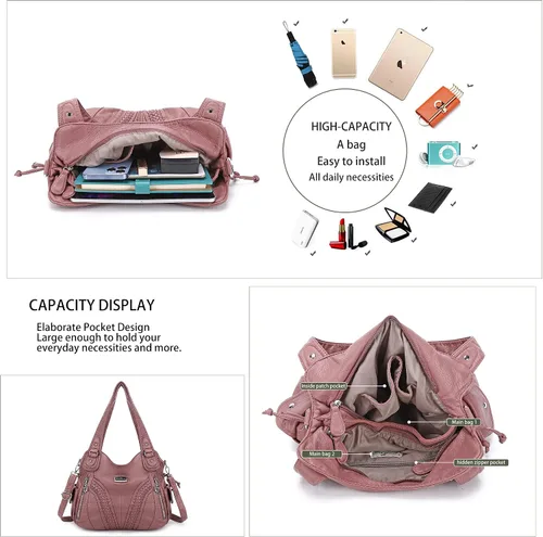 Vista 6 de Carteras y bolsos de mano para mujeres, bolso tote de moda, bolsos de hombro con asa superior, carteras tipo satchel de cuero sintético lavado