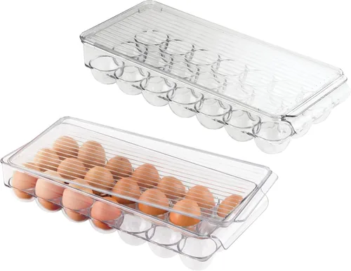Vista 9 de iDesign - Soporte para huevos de plástico transparente para refrigerador con tapa, contenedor de almacenamiento de 21 huevos