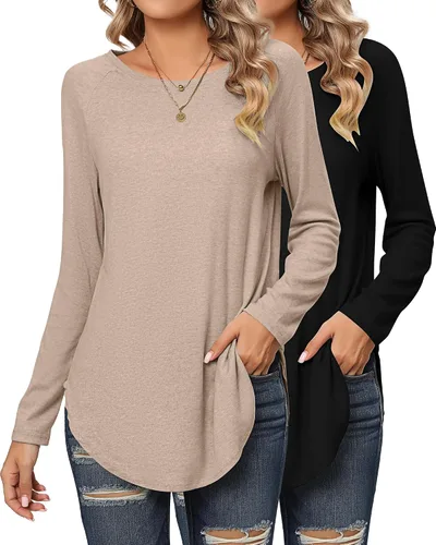 Vista 2 de Ficerd 2 Pack Women's Long Sleeve Shirts, Loose Fit Crew Neck Tunic Tops Loose Fit Side Split Basic Pullover Tee Shirts