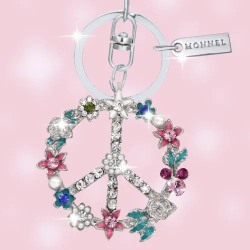 Vista 2 de Bling Crystal Flower Peace Sign Llavero Caja de embalaje creativo MZ844-1, Dorado