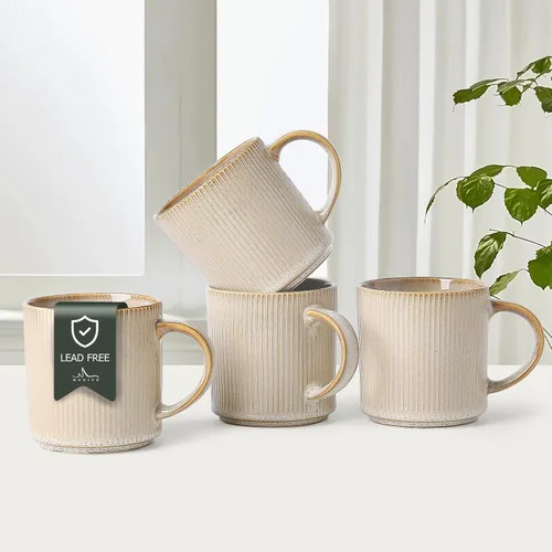 Vista 17 de MONITO - Juego de 4 tazas de café de 16 onzas, juego de tazas de café rústicas de cerámica con asa Vintage Striped Stoneware Large Coffee Mugs for