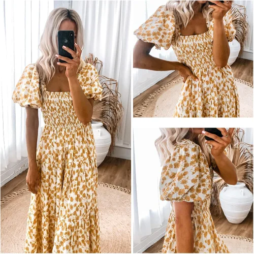 Vista 5 de PRETTYGARDEN Vestidos de verano con estampado floral bohemio para mujer, cuello cuadrado, manga abombada, acampanado, vestido largo casual fruncido