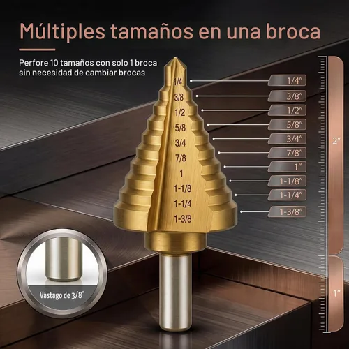 Vista 2 de Step Bit-10 pasos de titanio con revestimiento de acero de alta velocidad Unibit con doble flauta ranurada recta para perforación de agujeros