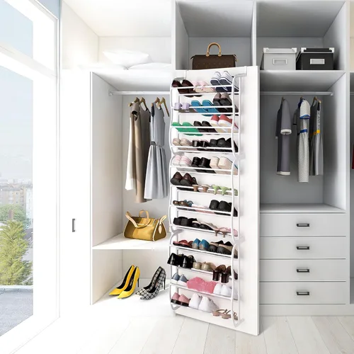 Vista 3 de TeqHome 36 pares de organizadores de zapatos sobre la puerta, estante colgante de metal de 12 niveles con diseño antideslizante para almacenamiento