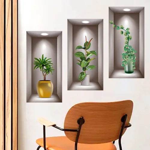 Vista 3 de Calcomanías de pared con plantas verdes 3D, 3 hojas de vinilo 3D removibles para pared, decoración de pared para sala de estar, oficina
