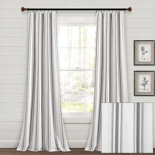 Vista 6 de Lush Decor Farmhouse Stripe - Par de paneles de cortinas de ventana de algodón teñido con hilo a rayas, 42" A x 84" L, Gris - Encanto rústico