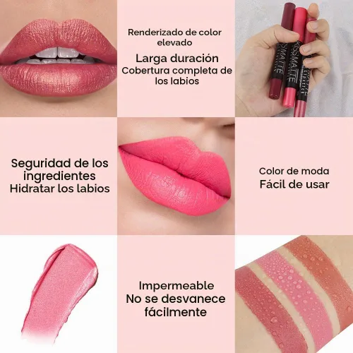 Vista 6 de evpct 3 piezas de lápiz crayón delineador de labios mate metálico rosa natural ligera y lápiz labial Set de larga duración impermeable que coincide