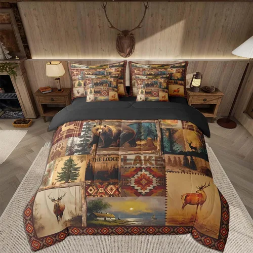 Vista 104 de Feelyou Juego de edredón de ciervo con sábanas – Tamaño Queen 7 piezas Juego de ropa de cama infantil de caza rústica – Cama de ciervo de cabaña