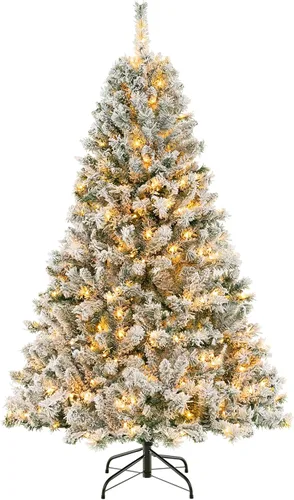 Vista 12 de Goplus - Árbol de Navidad artificial nevado de 4.5 pies, con nieve, flocado, con bisagras, preiluminado con 200 luces LED, 400 puntas de ramas