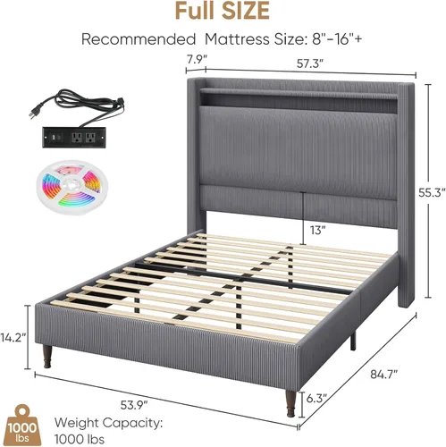 Vista 2 de Base de cama matrimonial con cabecera de 55.3 pulgadas de alto, plataforma tapizada de pana con luces LED y estación de carga, cabecera