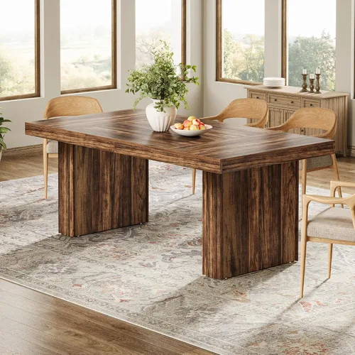 Vista 10 de Tribesigns Mesa de comedor de granja de 63 pulgadas para 6, mesa de cocina moderna con línea acanalada para comedor, sala de estar, color negro
