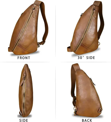 Vista 5 de LRTO Bolso de cuero genuino para mujeres y hombres, mochila de cuero vintage para el hombro, bolso cruzado en el pecho, marrón oscuro, Mochilas Sling