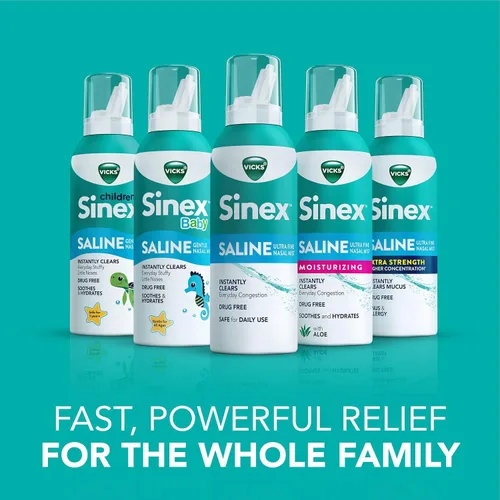 Vista 11 de Vicks Sinex Spray nasal hidratante salino, con aloe, niebla ultrafina sin medicamentos, limpia la congestión sinusal diaria rápida, elimina