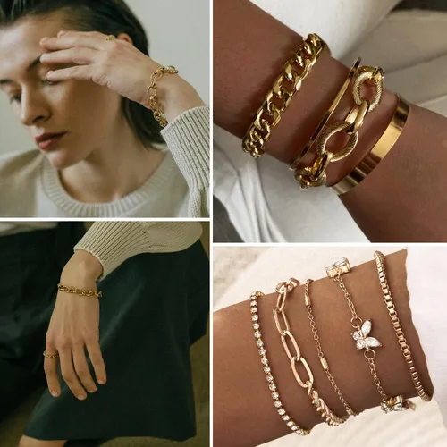 Vista 3 de 17IF 6 Pack Dainty Boho Gold Silver Chain Bracelets Set for Women Girls Stackable Chunky Multipack Layered Bangles Adjustable Flat Cuff Cuban Punk