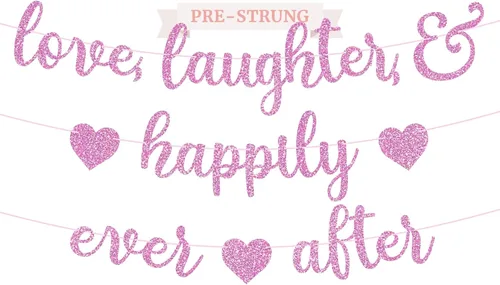 Vista 9 de Cartel preencordado con texto en inglés "Love Laughter & Happily Ever After", "No hazlo tú mismo" – Cartel dorado con purpurina para despedida