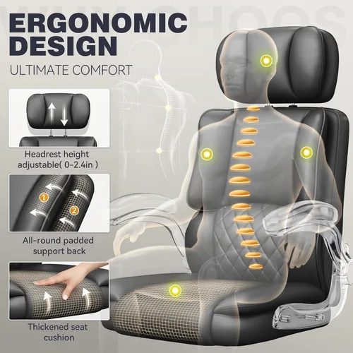 Vista 3 de Silla ergonómica de oficina ejecutiva, silla de computadora con reposacabezas ajustable, silla de escritorio de piel sintética, silla giratoria