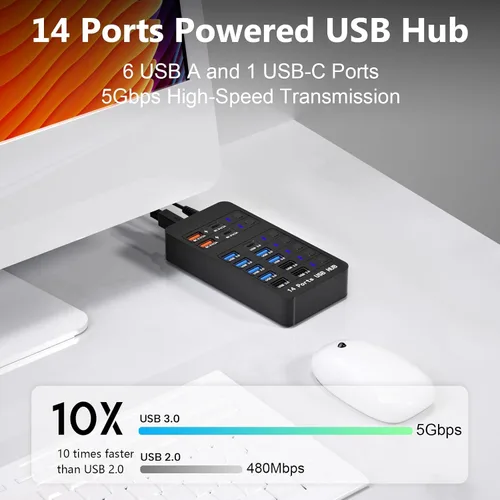 Vista 5 de Concentrador USB con alimentación, divisor USB de 14 puertos (10 puertos de transferencia de datos más rápidos + 4 puertos de carga USB inteligente)