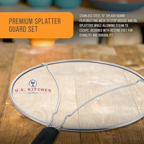 Vista 3 de U.S. Kitchen Supply Protector de salpicaduras de acero inoxidable de 13 pulgadas, cubierta de malla fina, grasa y aceite, pantalla de salpicaduras