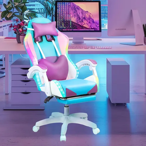 Vista 2 de Sillas de juegos para adultos, silla de computadora con reposapiés y respaldo alto ergonómico, luz LED, sillas giratorias de 360° en altura