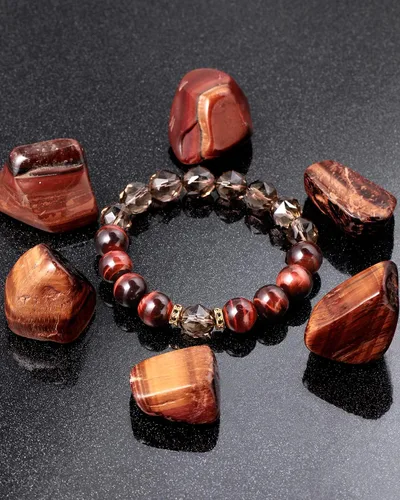 Vista 3 de Jewever Pulseras de cristal de cuarzo ahumado natural con ojo de tigre rojo para hombres y mujeres, amuleto sanador energético, trae riqueza