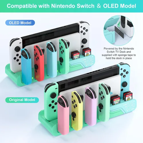 Vista 2 de Switch Controller Charging Dock - Animal Crossing & Switch OLED Model Joycons, Charges up to 6 Joycons with Game Card Storage Stand