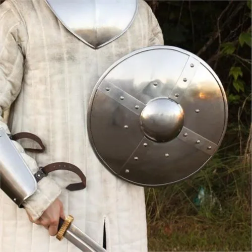Vista 2 de NauticalMart Battle Ready - Escudo de hebilla medieval de combate con armadura funcional LARP de reactivación de montaje de remachado de calibre 14