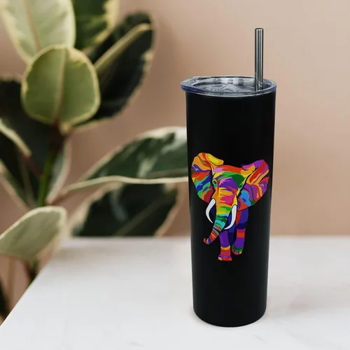 Vista 4 de Taza colorida de elefante con tapa y pajita, botella de agua delgada de 20 onzas con aislamiento térmico y taza de café, decoración bohemia, regalos