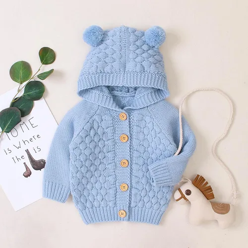 Vista 2 de Suéter de manga larga con capucha y botones al frente para bebés y niñas