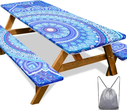 Vista 21 de Mantel de mesa de picnic con fundas de banco de 6 pies, 3 piezas, impermeable, resistente al viento, mantel de camping estético con bolsa