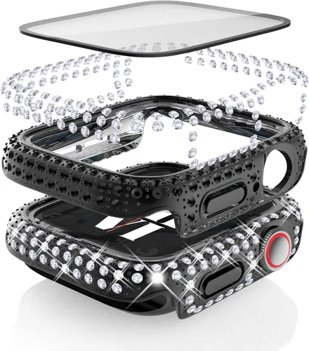 Vista 2 de Fullife Paquete de 3 fundas compatibles con Bling Apple Watch Series 3 de 1.496 pulgadas, fundas protectoras con diamantes de cristal con protector