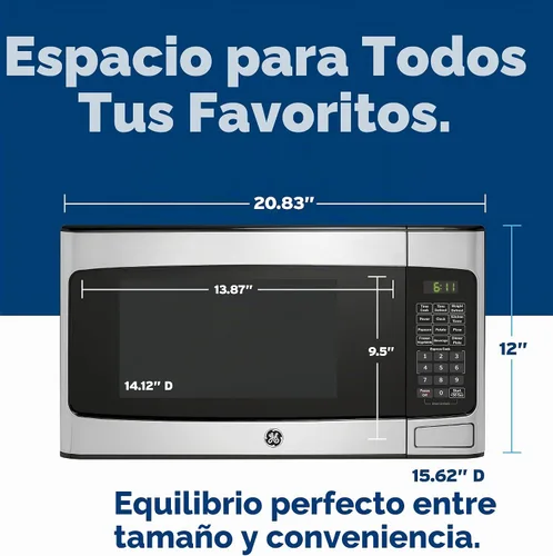 Vista 2 de [Usado] Horno microondas compacto GE para encimera, 1.1 pies cúbicos, capacidad de 950 W, 6 configuraciones de cocción automática, tecnología