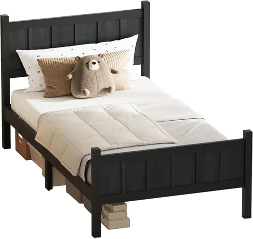 Vista 8 de Bellemave Cama de panel plano de tamaño individual con cabecero y estribo, cama de plataforma minimalista y moderna con acabado de grano de madera