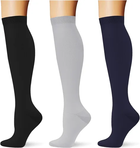 Vista 13 de (3 pares) Calcetines de compresión 20-30 mmHg, calcetines largos hasta la rodilla para mujeres y hombres, soporte atlético, para viajes y uso diario