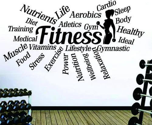 Vista 6 de Calcomanía de pared de fitness, 18 x 33 pulgadas, calcomanía motivacional de PVC con palabras como entrenamiento, alimentos, potencia, sueño