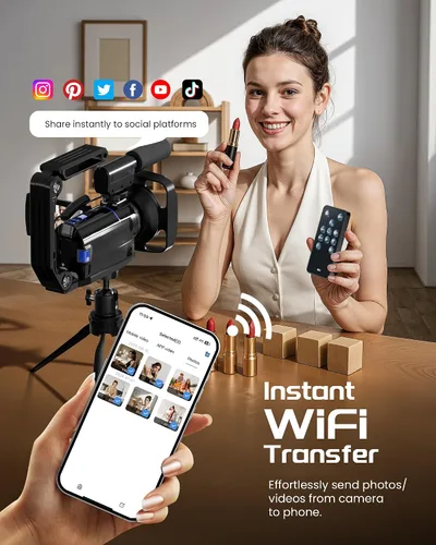 Vista 6 de Videocámara 5K, cámara de video BREGOO UHD 64MP para vlogging en YouTube con pantalla táctil giratoria de 3" 270°, cámara digital con visión Negro