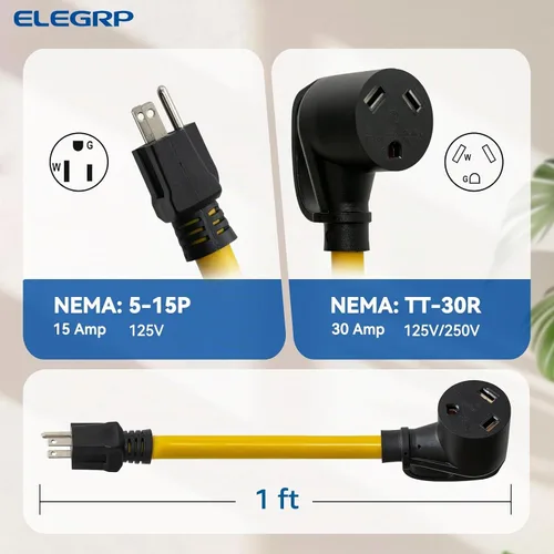 Vista 2 de ELEGRP Cable adaptador RV de 30 amperios a 110 voltios, NEMA 5-15P a NEMA TT-30R, adaptador eléctrico Dogbone de 15 amperios macho a 30 amperios