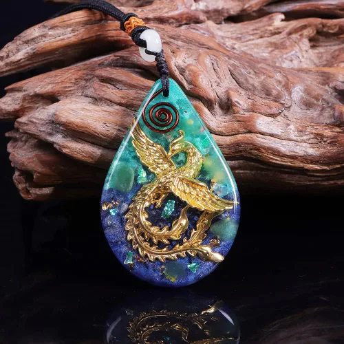Vista 4 de Colgante fénix para mujer, collar de orgonita Energía Collar de cristal curativo de aventurina verde, Pendant Size6*4*0.7cm, Cristal, aventurina