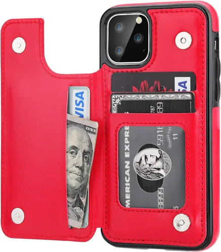 Vista 9 de OT ONETOP - Funda tipo cartera para iPhone 11 Pro con tarjetero y ranuras para tarjetas, doble cierre magnético y funda duradera a prueba de golpes