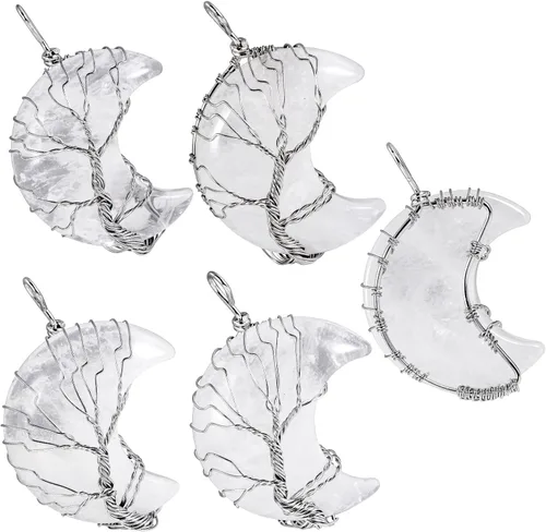 Vista 4 de TUMBEELLUWA 2 collares de árbol de la vida envueltos en alambre de cristal natural con piedra curativa de media luna para pareja