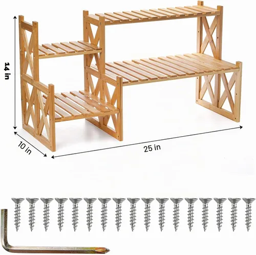 Vista 2 de Lawei Soporte de bambú de 2 niveles para plantas de mesa, soporte ajustable para macetas, soporte de exhibición para macetas, estante pequeño